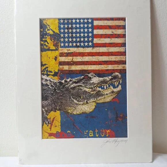 John Margerum Signed Licensed Print Of An Alligator And The America Flag.